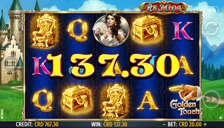 Re Mida slot online: schermata di gioco con simboli dorati e tema regale
